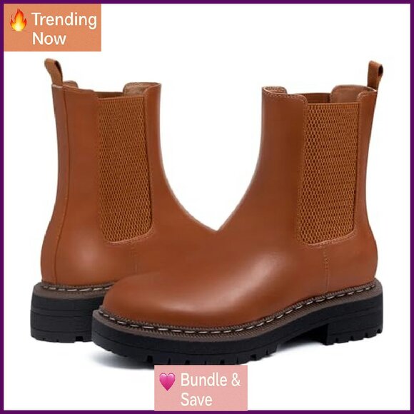 Leather Chelsea Ankle Boots Platform Chunky Heel Slip On Lug Sole - Picture 5 of 8